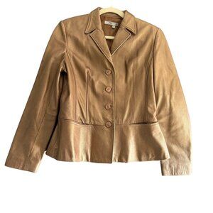 JAX Leather Button Front Blazer Jacket Women's Size 8 Brown Long Sleeves